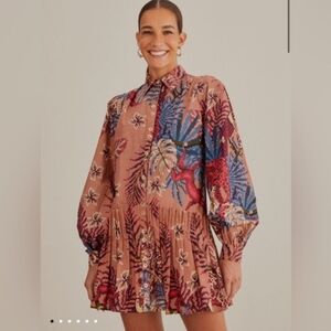 FARM Rio Beaded Print Long Sleeve Button Down Cotton Mini Dress M